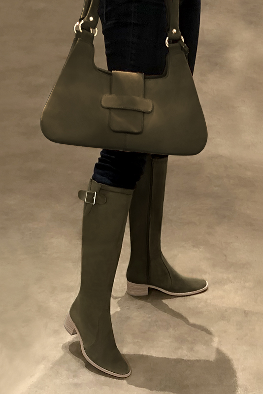 Khaki green women's knee-high boots with buckles. Round toe. Low leather soles. Made to measure. Worn view - Florence KOOIJMAN